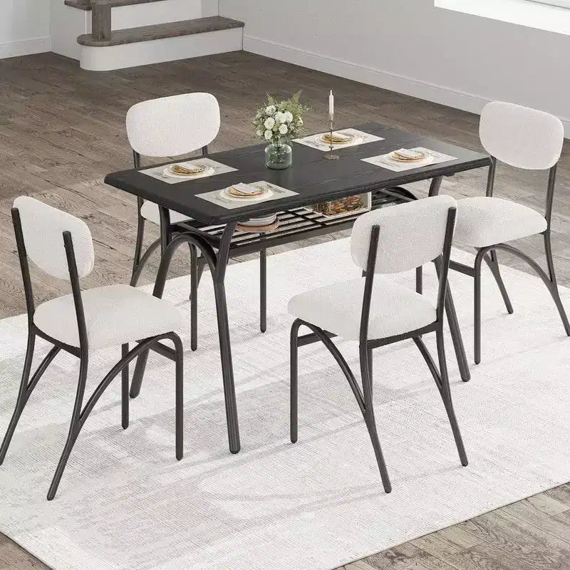 Coolmee Ensemble de table à manger 5 pièces pour 4 personnes, table de cuisine avec 4 chaises en bouclette, table à manger rectangulaire avec étagère de rangement et plateau en marbre