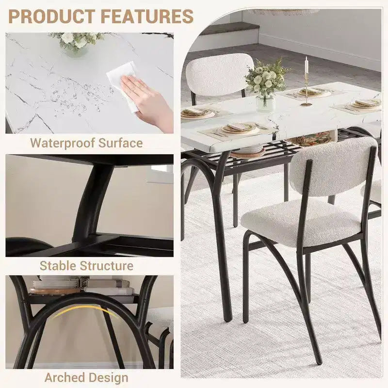 Coolmee Ensemble de table à manger 5 pièces pour 4 personnes, table de cuisine avec 4 chaises en bouclette, table à manger rectangulaire avec étagère de rangement et plateau en marbre