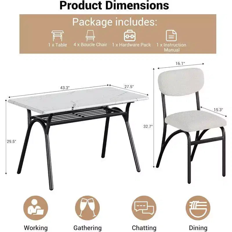Coolmee Ensemble de table à manger 5 pièces pour 4 personnes, table de cuisine avec 4 chaises en bouclette, table à manger rectangulaire avec étagère de rangement et plateau en marbre