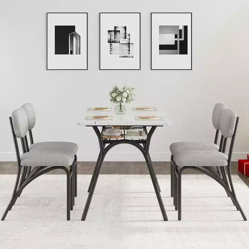 Coolmee Ensemble de table à manger 5 pièces pour 4 personnes, table de cuisine avec 4 chaises en bouclette, table à manger rectangulaire avec étagère de rangement et plateau en marbre