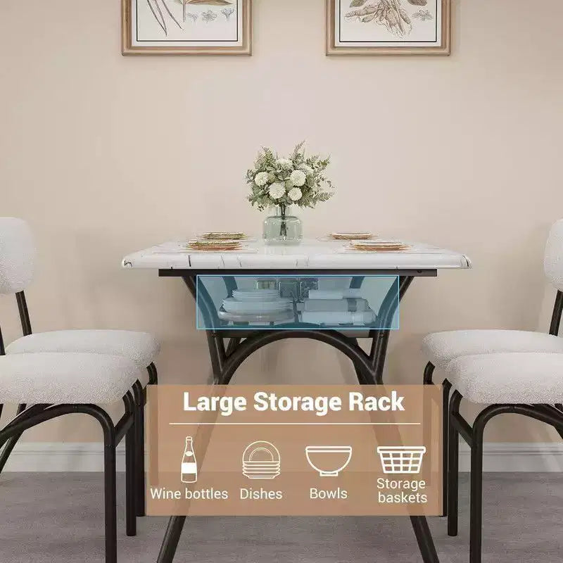 Coolmee Ensemble de table à manger 5 pièces pour 4 personnes, table de cuisine avec 4 chaises en bouclette, table à manger rectangulaire avec étagère de rangement et plateau en marbre