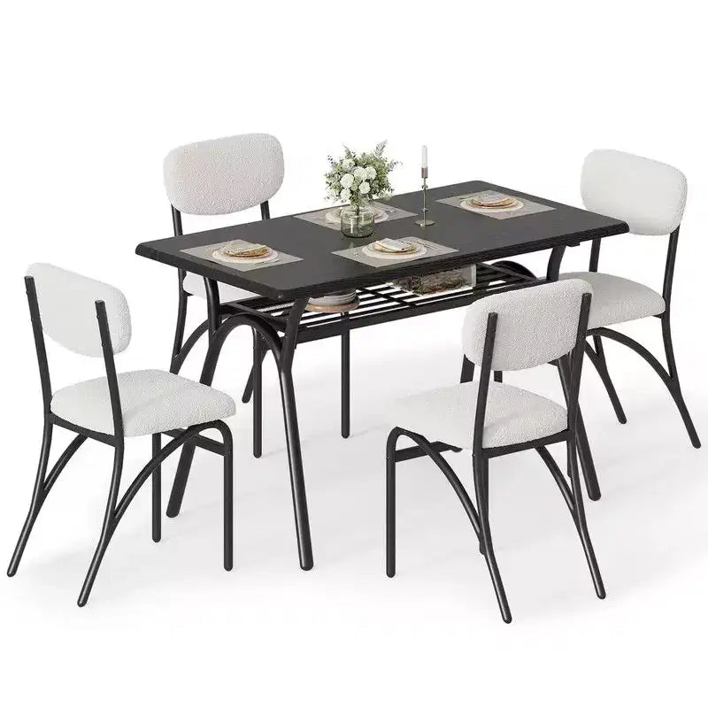 Coolmee Ensemble de table à manger 5 pièces pour 4 personnes, table de cuisine avec 4 chaises en bouclette, table à manger rectangulaire avec étagère de rangement et plateau en marbre