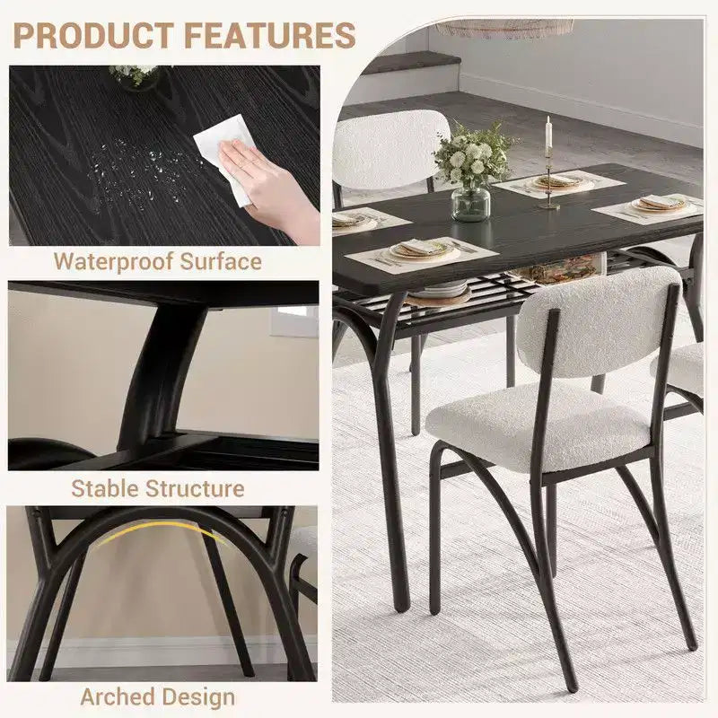 Coolmee Ensemble de table à manger 5 pièces pour 4 personnes, table de cuisine avec 4 chaises en bouclette, table à manger rectangulaire avec étagère de rangement et plateau en marbre