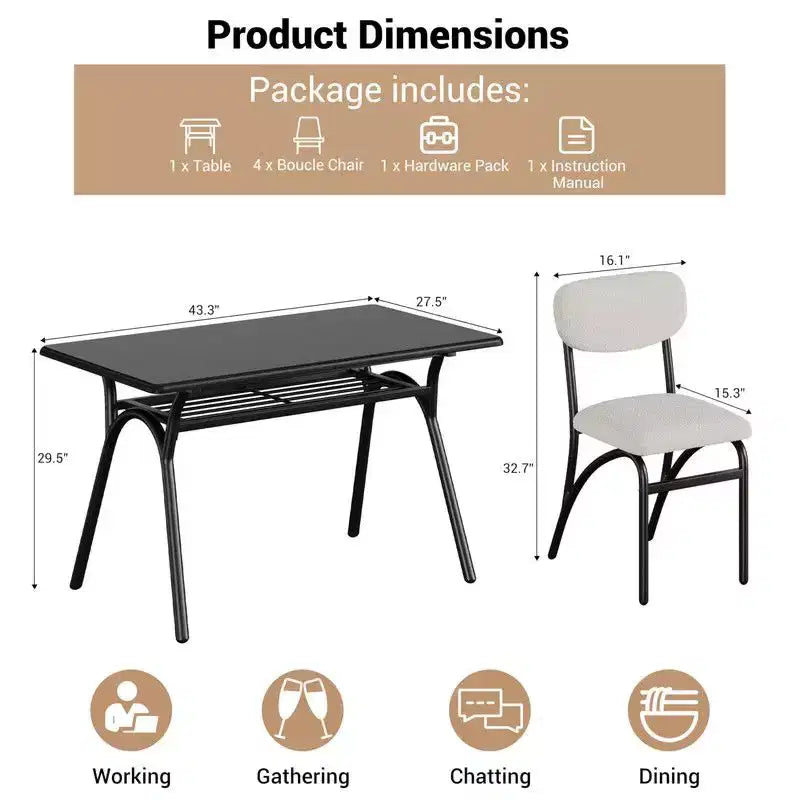 Coolmee Ensemble de table à manger 5 pièces pour 4 personnes, table de cuisine avec 4 chaises en bouclette, table à manger rectangulaire avec étagère de rangement et plateau en marbre