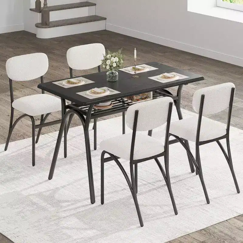 Coolmee 5-Piece Dining Table Set for 4, Kitchen Table with 4 Boucle Chairs, Rectangular Dining Table with Storage Shelf and Marble Tabletop