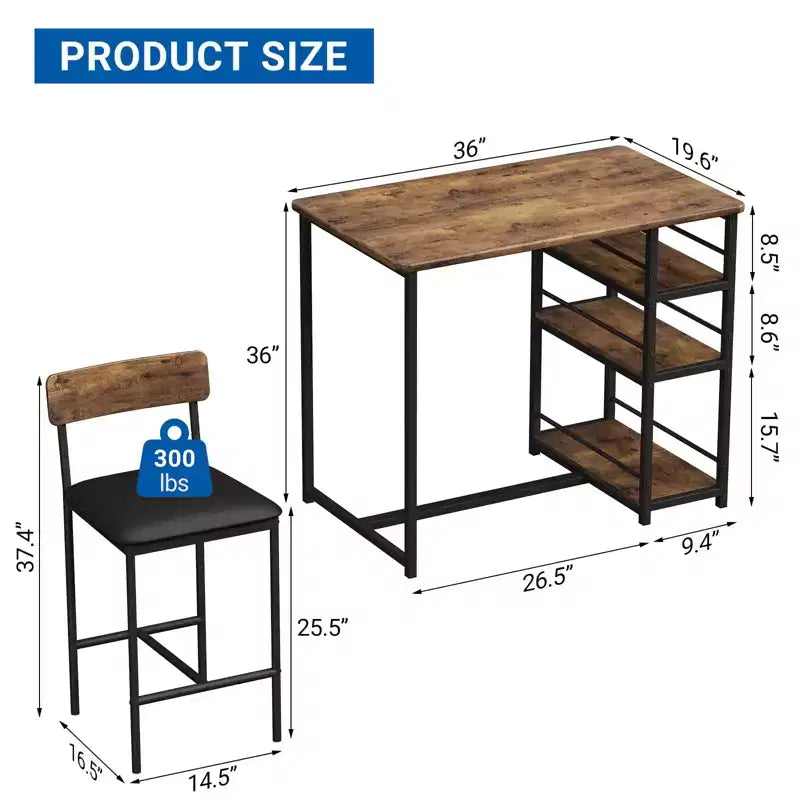 Ensemble de table à manger pour 2, table de cuisine hauteur comptoir avec 2 tabourets de bar rembourrés, ensemble table et chaises de salle à manger avec étagères de rangement, pour petits espaces