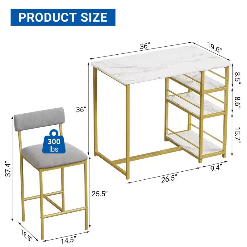 Ensemble de table à manger pour 2, table de cuisine hauteur comptoir avec 2 tabourets de bar rembourrés, ensemble table et chaises de salle à manger avec étagères de rangement, pour petits espaces