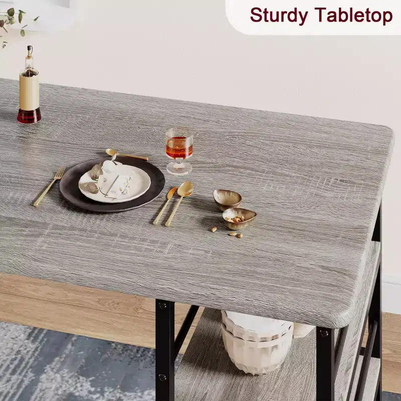 Ensemble de table à manger pour 2, table de cuisine hauteur comptoir avec 2 tabourets de bar rembourrés, ensemble table et chaises de salle à manger avec étagères de rangement, pour petits espaces