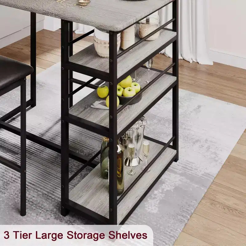 Ensemble de table à manger pour 2, table de cuisine hauteur comptoir avec 2 tabourets de bar rembourrés, ensemble table et chaises de salle à manger avec étagères de rangement, pour petits espaces