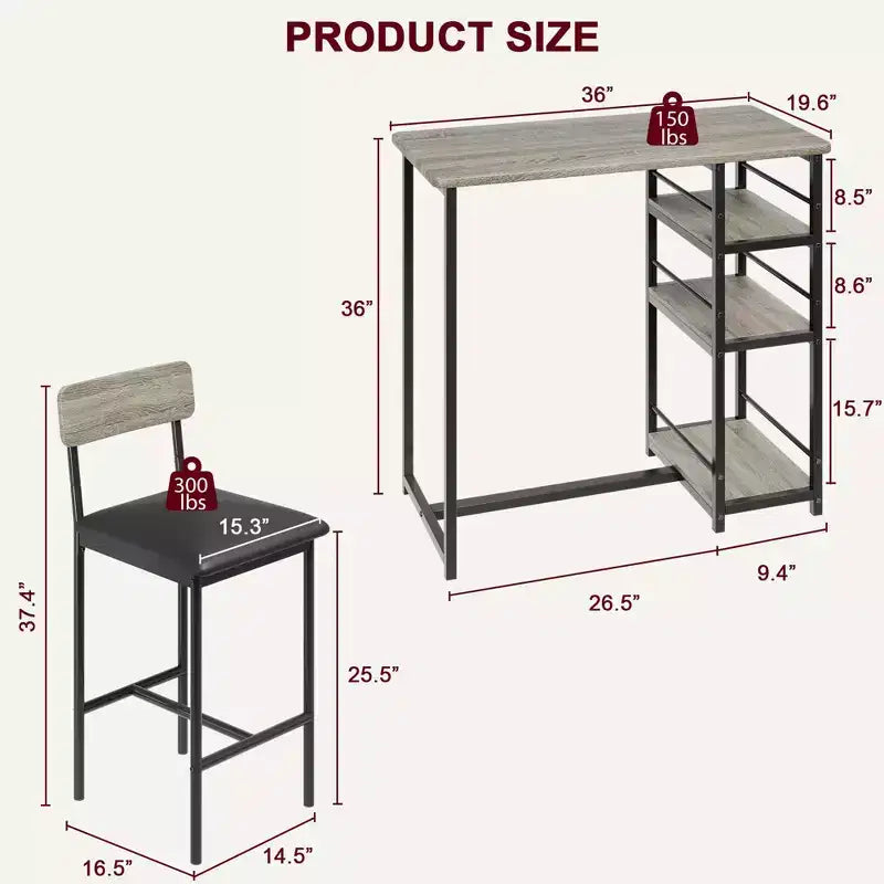 Ensemble de table à manger pour 2, table de cuisine hauteur comptoir avec 2 tabourets de bar rembourrés, ensemble table et chaises de salle à manger avec étagères de rangement, pour petits espaces