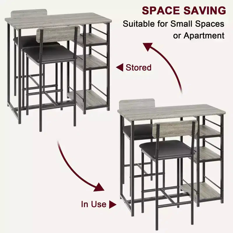 Ensemble de table à manger pour 2, table de cuisine hauteur comptoir avec 2 tabourets de bar rembourrés, ensemble table et chaises de salle à manger avec étagères de rangement, pour petits espaces