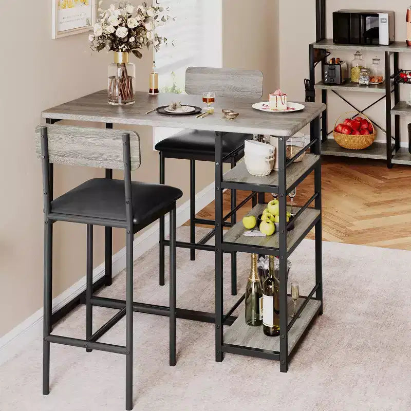 Ensemble de table à manger pour 2, table de cuisine hauteur comptoir avec 2 tabourets de bar rembourrés, ensemble table et chaises de salle à manger avec étagères de rangement, pour petits espaces
