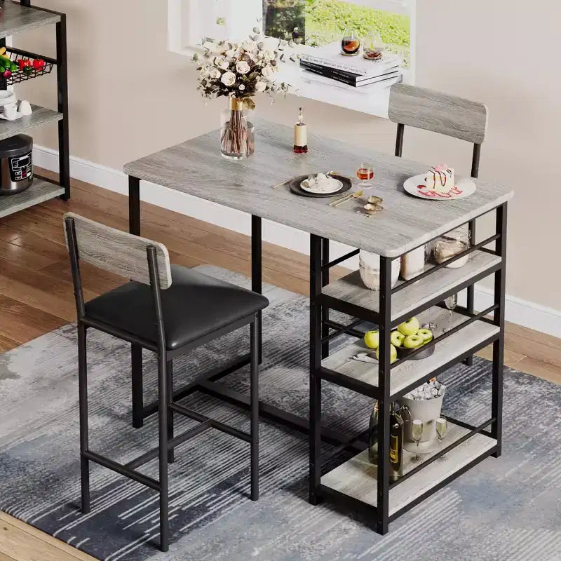 Ensemble de table à manger pour 2, table de cuisine hauteur comptoir avec 2 tabourets de bar rembourrés, ensemble table et chaises de salle à manger avec étagères de rangement, pour petits espaces