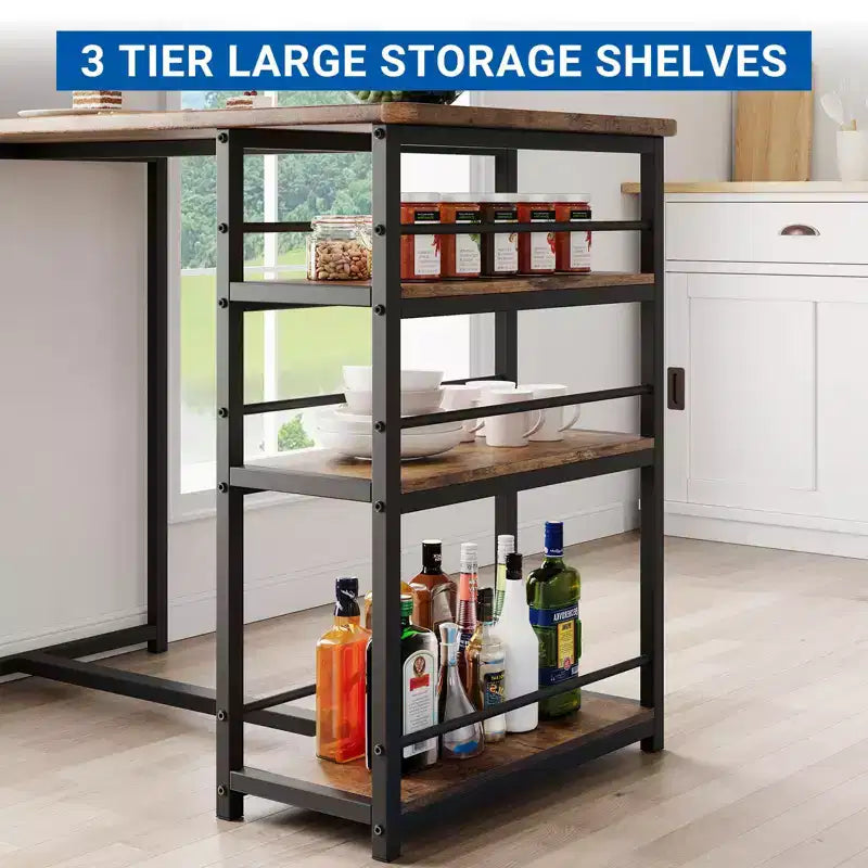 Ensemble de table à manger pour 2, table de cuisine hauteur comptoir avec 2 tabourets de bar rembourrés, ensemble table et chaises de salle à manger avec étagères de rangement, pour petits espaces