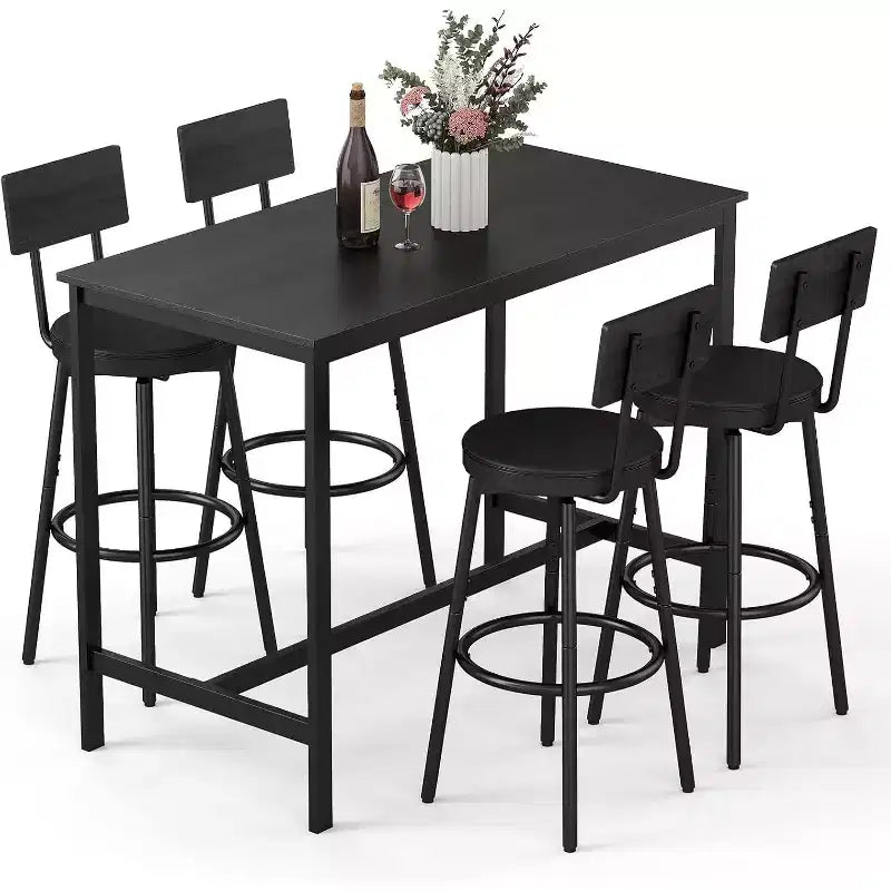 Zevemomo 5-Piece Dining Set for 4, Counter Height Table with 4 PU Stools, Space-Saving Bar Table Set for Small Kitchen, Black