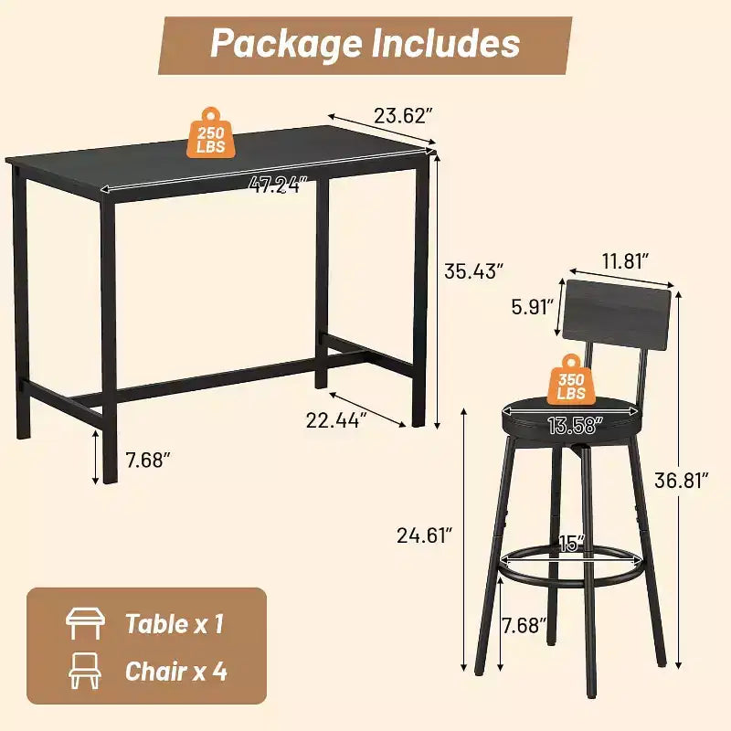 Ensemble de salle à manger 5 pièces Zevemomo pour 4 personnes, table à hauteur de comptoir avec 4 tabourets en polyuréthane, ensemble table de bar gain de place pour petite cuisine, noir