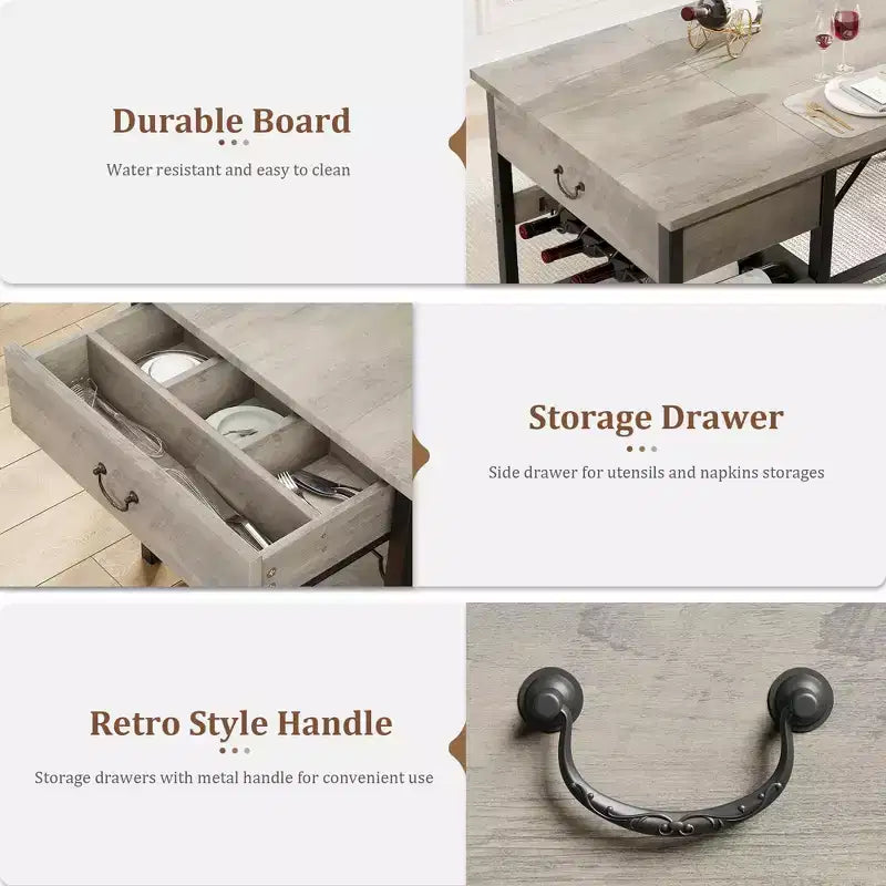 Ensemble de salle à manger pour 4 personnes, Table de salle à manger avec tiroirs de rangement et casier à vin, Ensemble de table de cuisine avec bancs rembourrés pour salle à manger