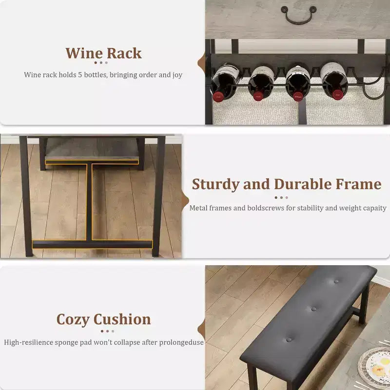 Ensemble de salle à manger pour 4 personnes, Table de salle à manger avec tiroirs de rangement et casier à vin, Ensemble de table de cuisine avec bancs rembourrés pour salle à manger