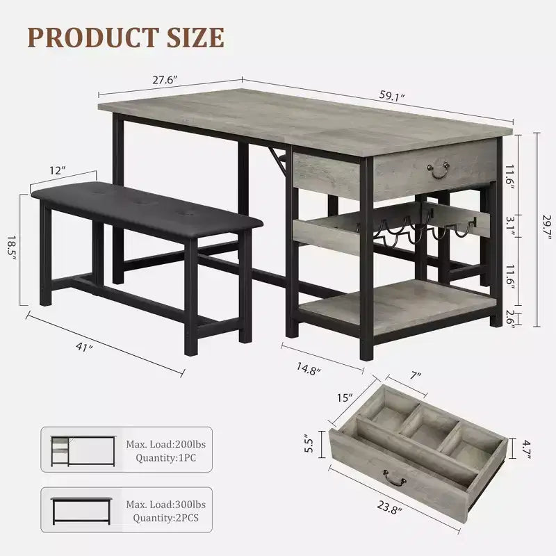 Ensemble de salle à manger pour 4 personnes, Table de salle à manger avec tiroirs de rangement et casier à vin, Ensemble de table de cuisine avec bancs rembourrés pour salle à manger
