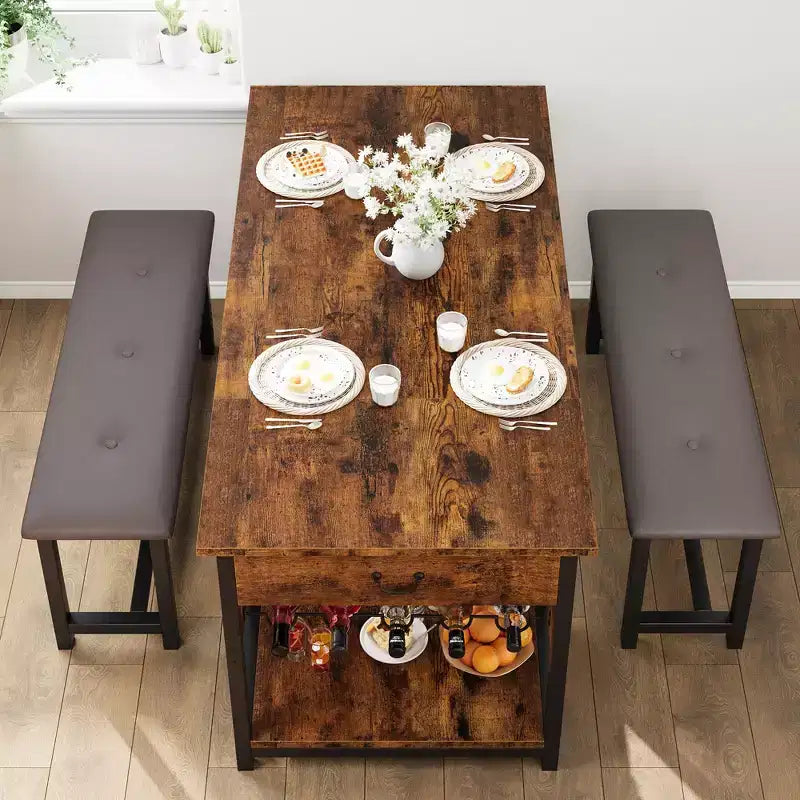 Ensemble de salle à manger pour 4 personnes, Table de salle à manger avec tiroirs de rangement et casier à vin, Ensemble de table de cuisine avec bancs rembourrés pour salle à manger