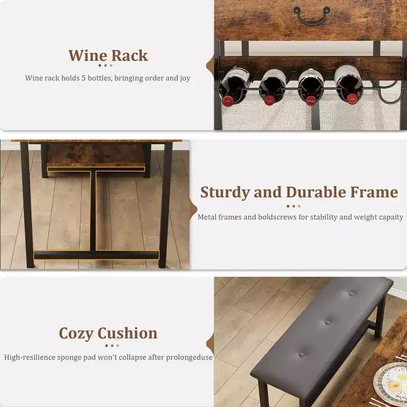 Ensemble de salle à manger pour 4 personnes, Table de salle à manger avec tiroirs de rangement et casier à vin, Ensemble de table de cuisine avec bancs rembourrés pour salle à manger