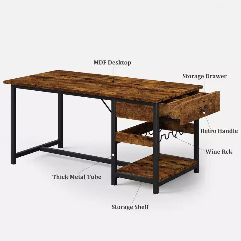 Ensemble de salle à manger pour 4 personnes, Table de salle à manger avec tiroirs de rangement et casier à vin, Ensemble de table de cuisine avec bancs rembourrés pour salle à manger