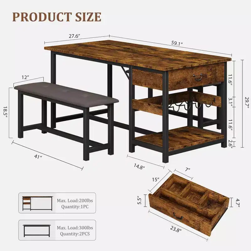 Ensemble de salle à manger pour 4 personnes, Table de salle à manger avec tiroirs de rangement et casier à vin, Ensemble de table de cuisine avec bancs rembourrés pour salle à manger