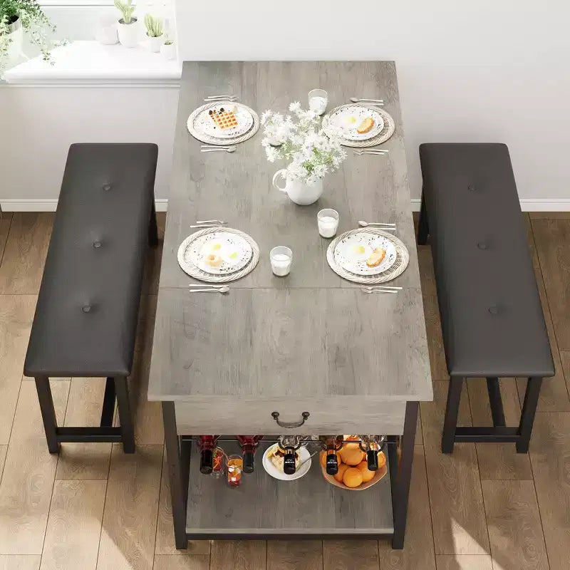 Ensemble de salle à manger pour 4 personnes, Table de salle à manger avec tiroirs de rangement et casier à vin, Ensemble de table de cuisine avec bancs rembourrés pour salle à manger
