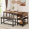 Dining Table Set for 4, Dining Room Table with Storage Drawers & Wine Rack, Kitchen Dining Table Set with Upholstered Benches for Dining Room