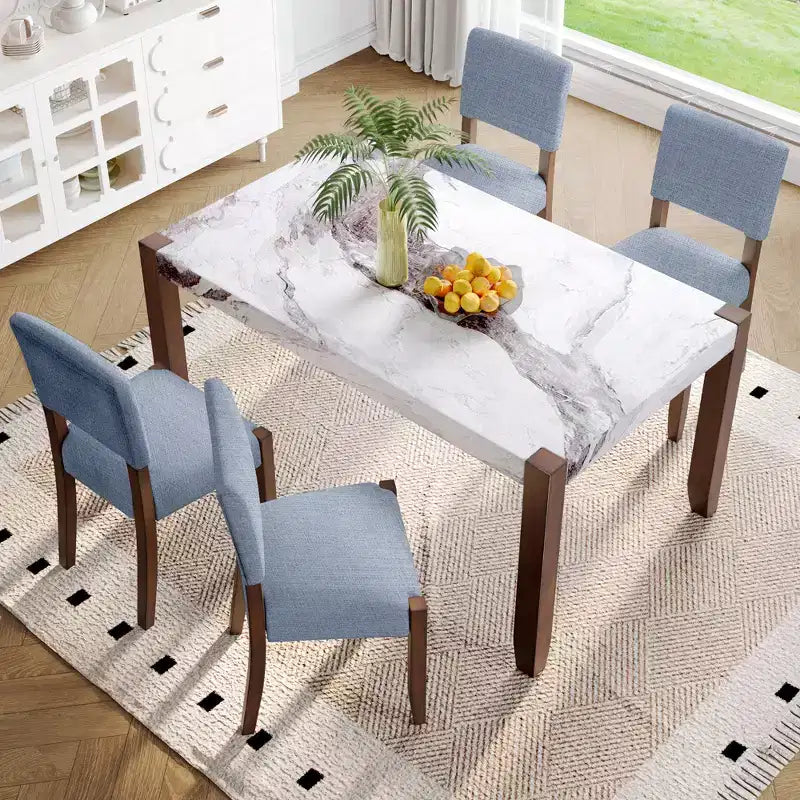 Ensemble table à manger 5 pièces pour 4 personnes, table en faux marbre et 4 chaises rembourrées avec pieds en bois d'hévéa massif - ModernLuxe