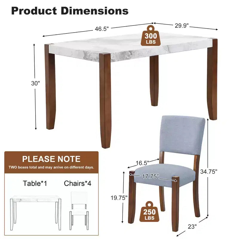 Ensemble table à manger 5 pièces pour 4 personnes, table en faux marbre et 4 chaises rembourrées avec pieds en bois d'hévéa massif - ModernLuxe