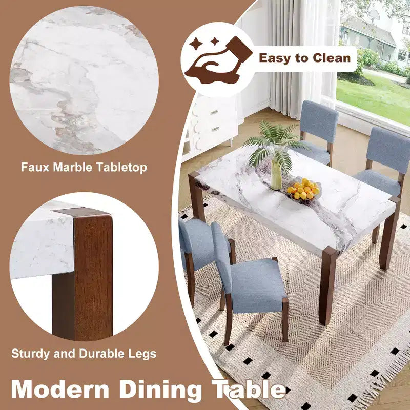 Ensemble table à manger 5 pièces pour 4 personnes, table en faux marbre et 4 chaises rembourrées avec pieds en bois d'hévéa massif - ModernLuxe