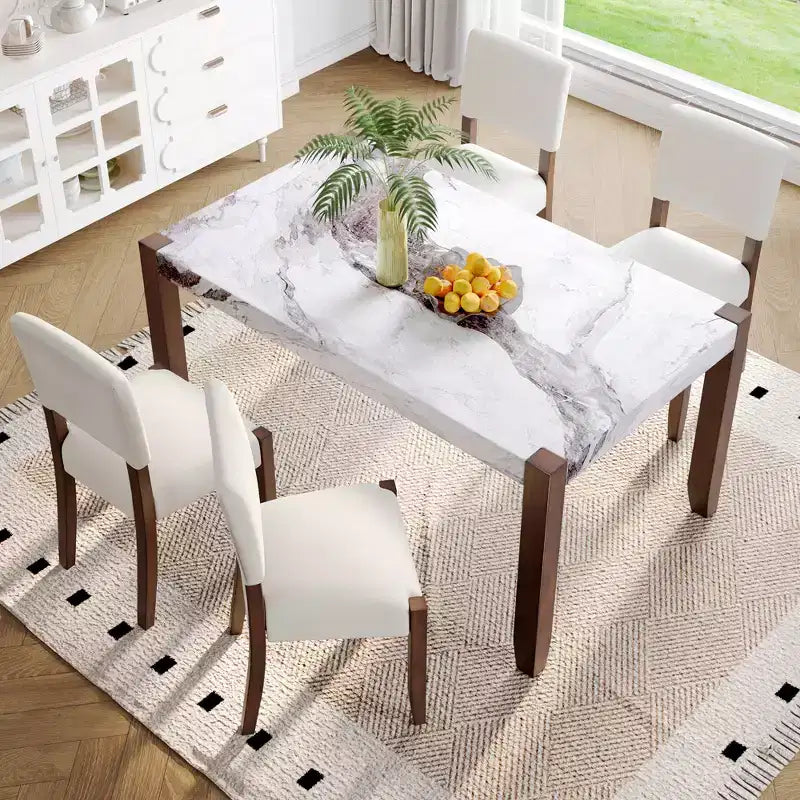 Ensemble table à manger 5 pièces pour 4 personnes, table en faux marbre et 4 chaises rembourrées avec pieds en bois d'hévéa massif - ModernLuxe