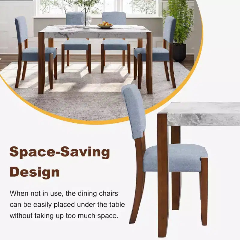Ensemble table à manger 5 pièces pour 4 personnes, table en faux marbre et 4 chaises rembourrées avec pieds en bois d'hévéa massif - ModernLuxe