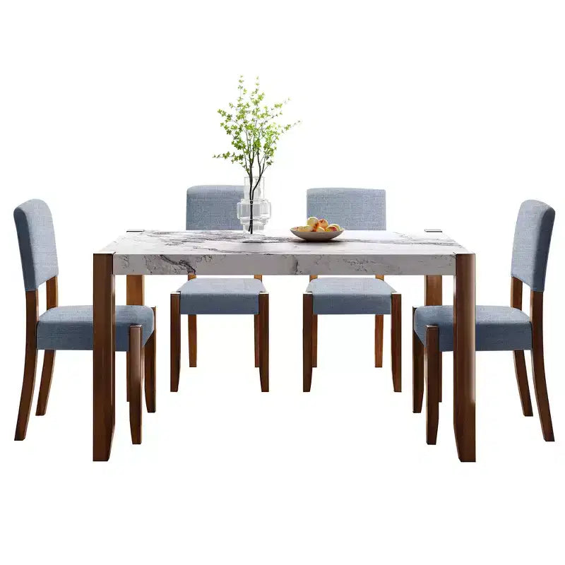 Ensemble table à manger 5 pièces pour 4 personnes, table en faux marbre et 4 chaises rembourrées avec pieds en bois d'hévéa massif - ModernLuxe