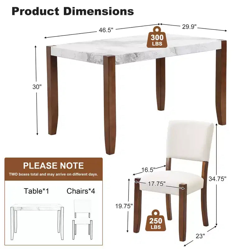 Ensemble table à manger 5 pièces pour 4 personnes, table en faux marbre et 4 chaises rembourrées avec pieds en bois d'hévéa massif - ModernLuxe