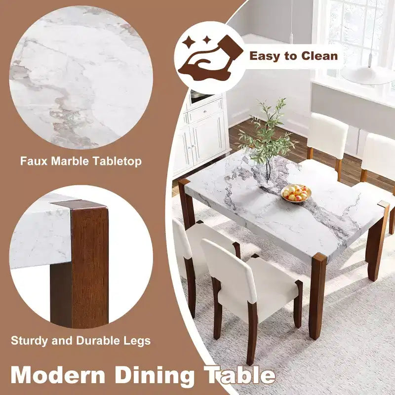 Ensemble table à manger 5 pièces pour 4 personnes, table en faux marbre et 4 chaises rembourrées avec pieds en bois d'hévéa massif - ModernLuxe