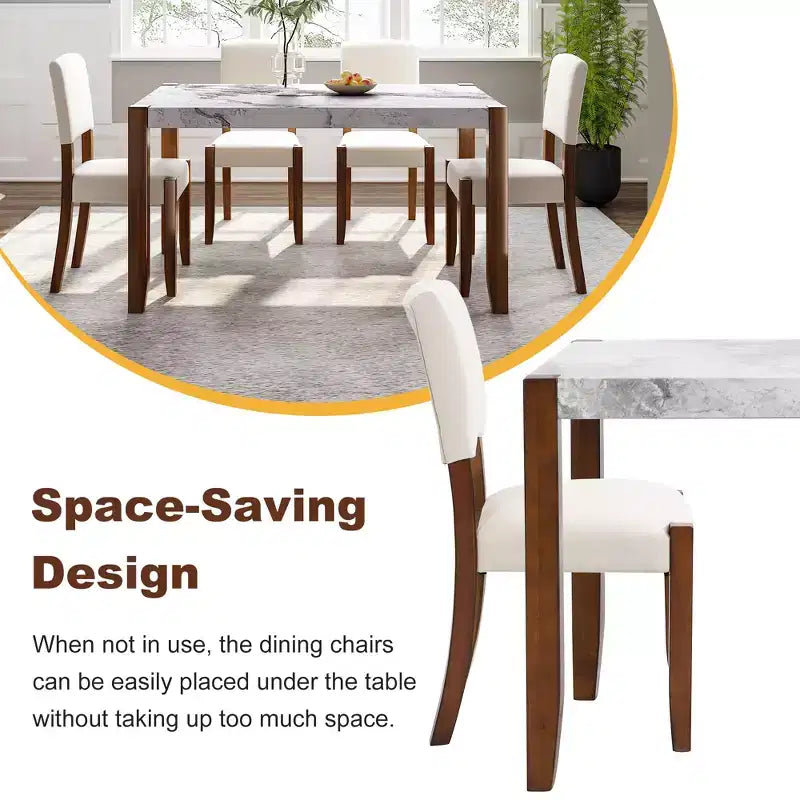 Ensemble table à manger 5 pièces pour 4 personnes, table en faux marbre et 4 chaises rembourrées avec pieds en bois d'hévéa massif - ModernLuxe