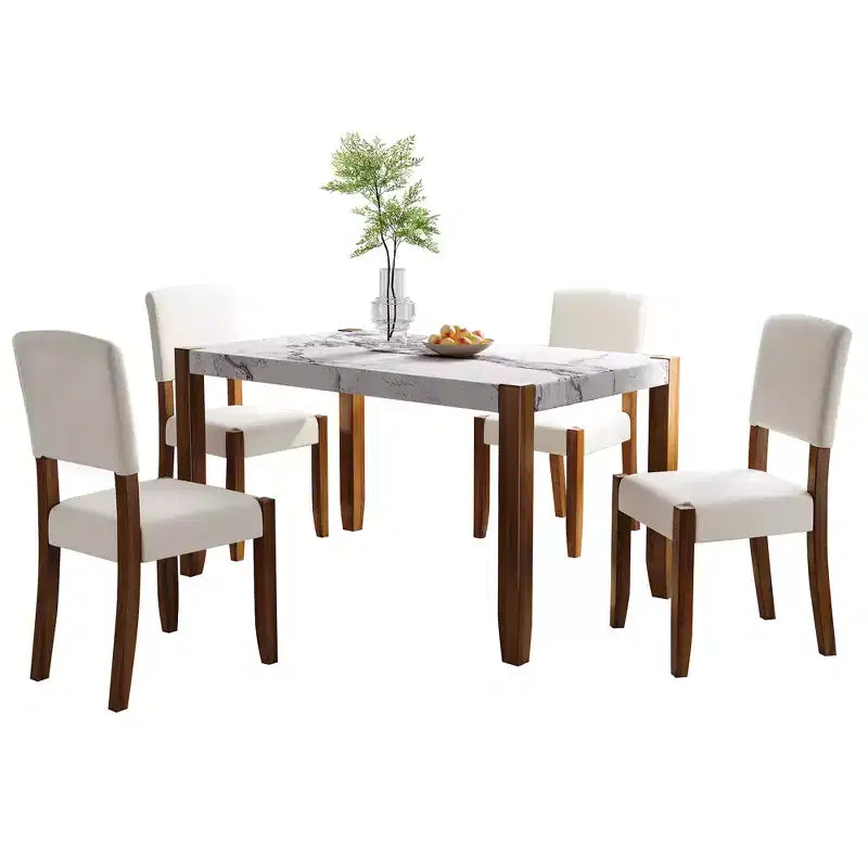 Ensemble table à manger 5 pièces pour 4 personnes, table en faux marbre et 4 chaises rembourrées avec pieds en bois d'hévéa massif - ModernLuxe