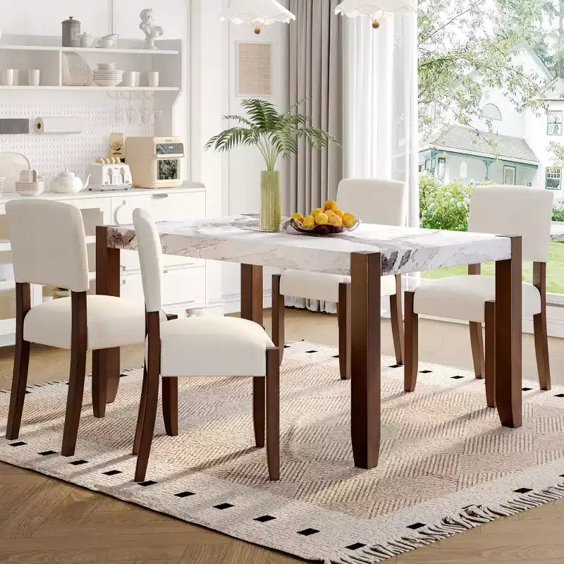 5-Piece Dining Table Set for 4, Faux Marble Table & 4 Upholstered Chairs with Solid Rubberwood Legs - ModernLuxe
