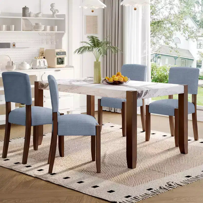 Ensemble table à manger 5 pièces pour 4 personnes, table en faux marbre et 4 chaises rembourrées avec pieds en bois d'hévéa massif - ModernLuxe