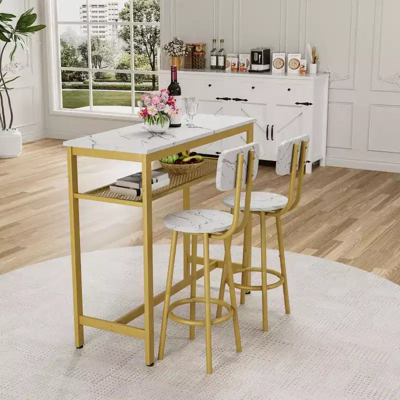 Okak Ensemble table à manger à deux niveaux 3 pièces et chaises à dossier pour salle à manger, restaurant, ensemble de dînette en métal et bois pour coin petit-déjeuner