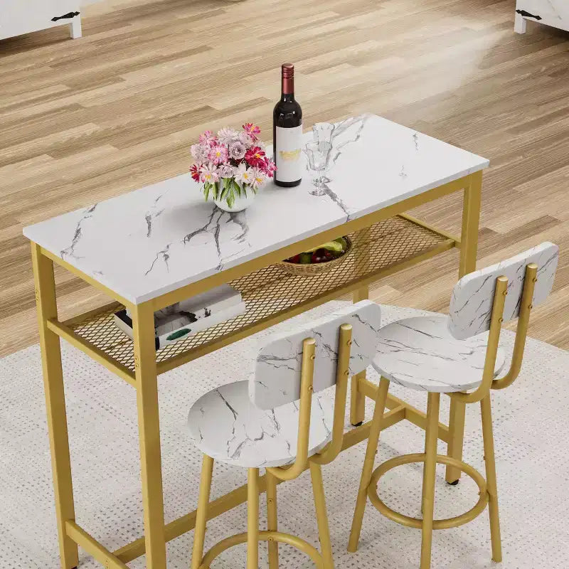 Okak Ensemble table à manger à deux niveaux 3 pièces et chaises à dossier pour salle à manger, restaurant, ensemble de dînette en métal et bois pour coin petit-déjeuner