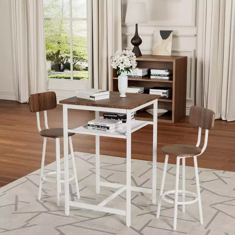 Okak Ensemble table à manger à deux niveaux 3 pièces et chaises à dossier pour salle à manger, restaurant, ensemble de dînette en métal et bois pour coin petit-déjeuner