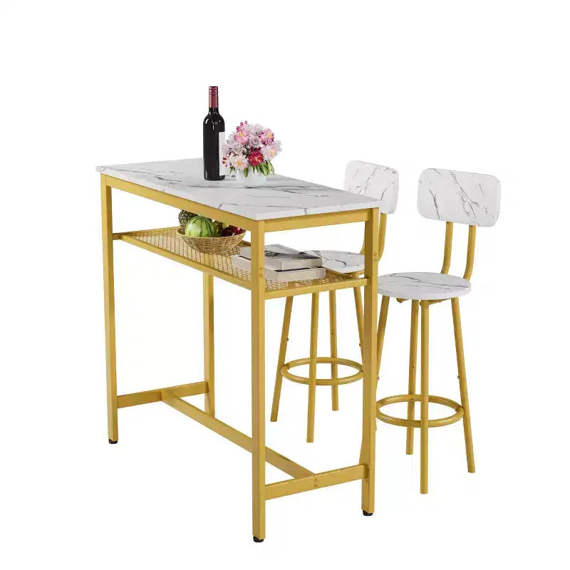 Okak Ensemble table à manger à deux niveaux 3 pièces et chaises à dossier pour salle à manger, restaurant, ensemble de dînette en métal et bois pour coin petit-déjeuner