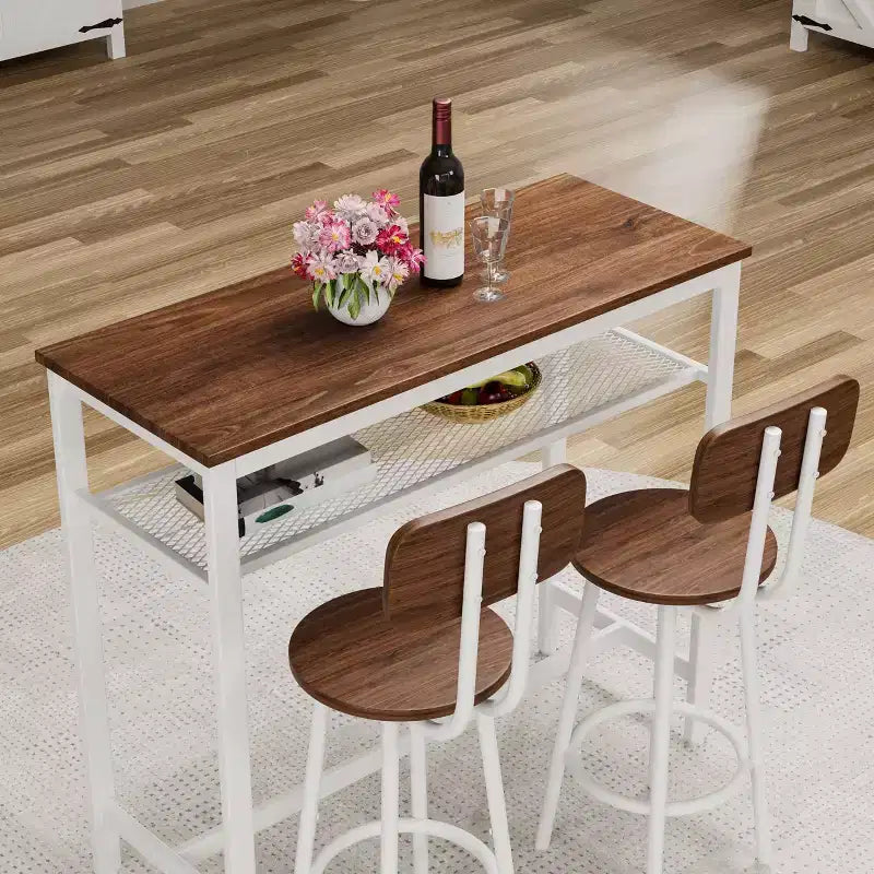 Okak Ensemble table à manger à deux niveaux 3 pièces et chaises à dossier pour salle à manger, restaurant, ensemble de dînette en métal et bois pour coin petit-déjeuner