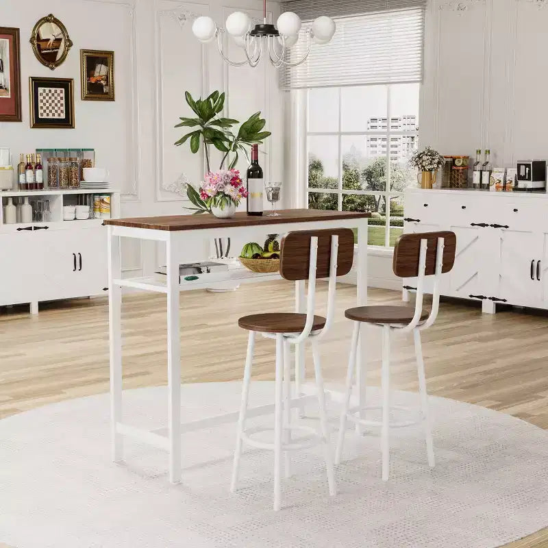 Okak Ensemble table à manger à deux niveaux 3 pièces et chaises à dossier pour salle à manger, restaurant, ensemble de dînette en métal et bois pour coin petit-déjeuner