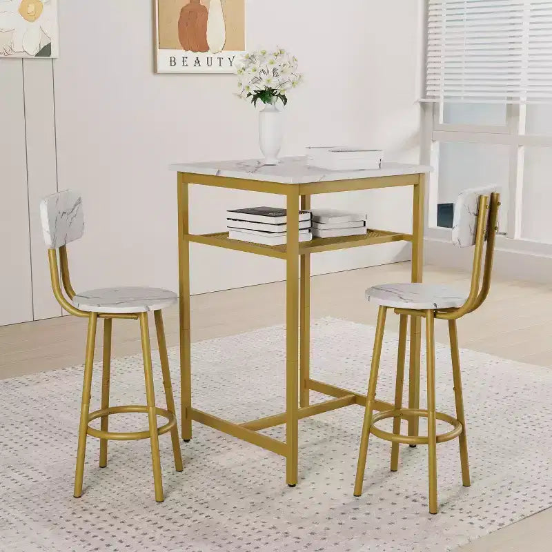 Okak Ensemble table à manger à deux niveaux 3 pièces et chaises à dossier pour salle à manger, restaurant, ensemble de dînette en métal et bois pour coin petit-déjeuner