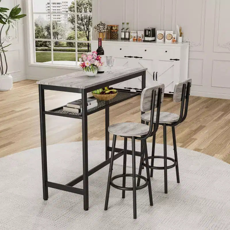 Okak Ensemble table à manger à deux niveaux 3 pièces et chaises à dossier pour salle à manger, restaurant, ensemble de dînette en métal et bois pour coin petit-déjeuner