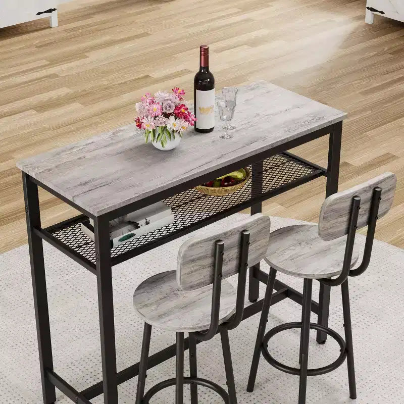 Okak Ensemble table à manger à deux niveaux 3 pièces et chaises à dossier pour salle à manger, restaurant, ensemble de dînette en métal et bois pour coin petit-déjeuner